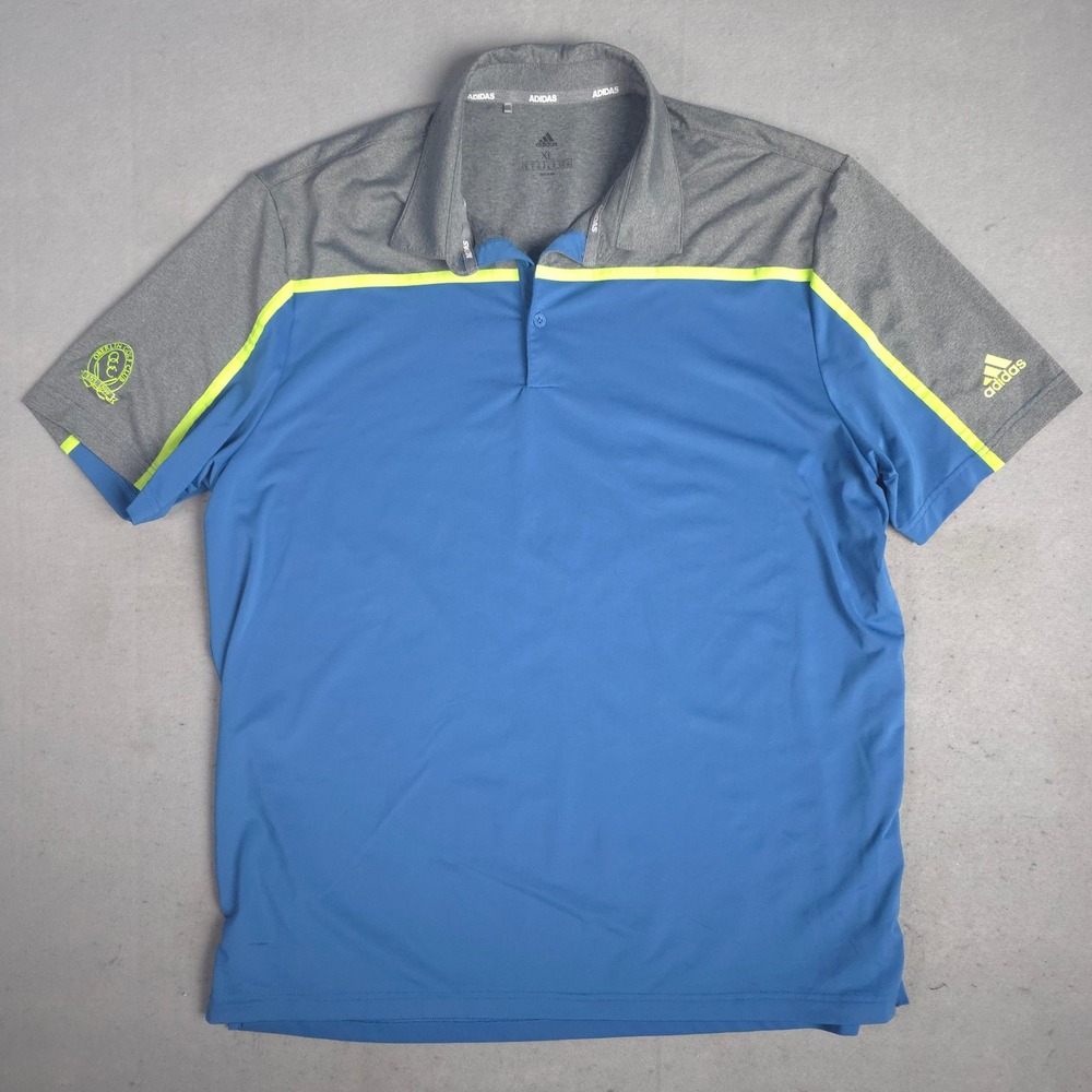 Adidas Mens XL Polo Golf Shirt Blue Gray Oberlin‎ Golf Club Logo Neon Trim
